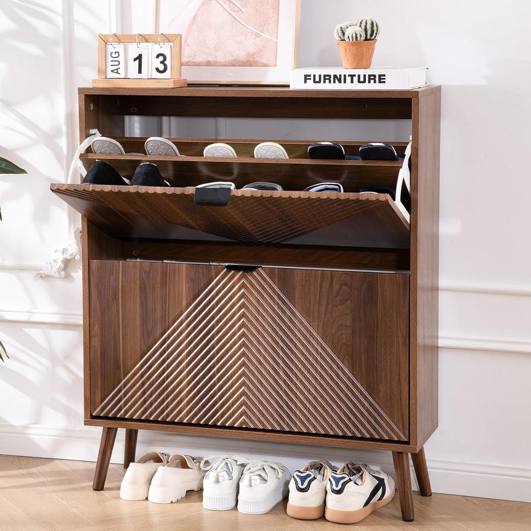 Shoe Cabinet Storage, Farmhouse Freestanding Organizer with 2 Flip Drawers and 4 Wooden feet, Narrow Shoe Rack Cabinet for Entryway, Foyer, Hallway, Walnut