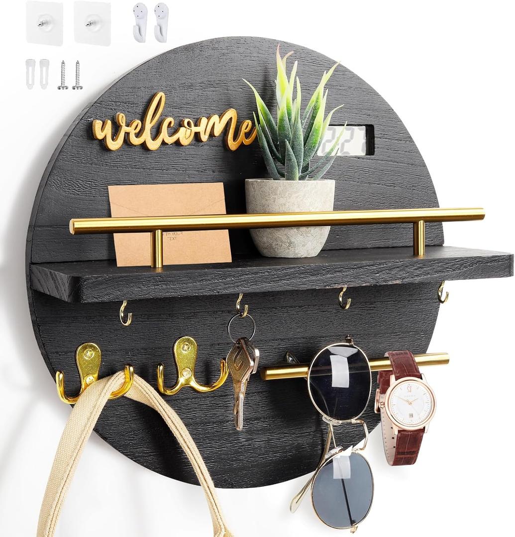 Key Holder for Wall, Key and Mail Holder Organizer with - Key Holder Wall Mount - Round Wooden Rustic Home Decor for Entryway, Mudroom, Hallway, Kitchen Office (Black)