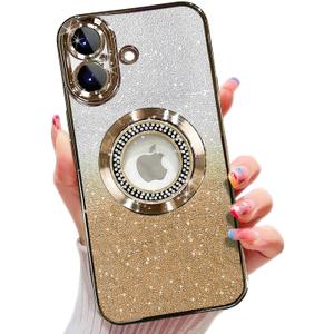 Misscase for iPhone 17 Magnetic Glitter Case Compatible with MagSafe,Full Protection Slim Shockproof Anti-Scratch Case with Camera Lens Protector Plating Bling Dust-Proof Net for Women Gold