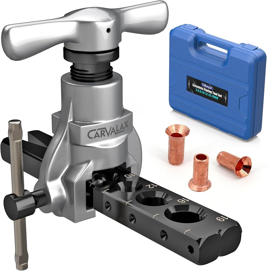 CARVALAX 45° Eccentric Flaring Tool Kit for Copper, Brass, and Aluminum Tubing, Single Flaring Bar with 7 Dies (5mm to 19 mm), for HVAC, Refrigeration,and Brake Lines, Heavy Duty with Case (Metric)