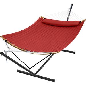 SUPERJARE Hammock with Stand, 2 Person Heavy Duty Hammock with Padded Cotton, Detachable Pillow & Strong Curved-Bar & Portable Carrying Bag, Perfect for Outdoor & Indoor, Red