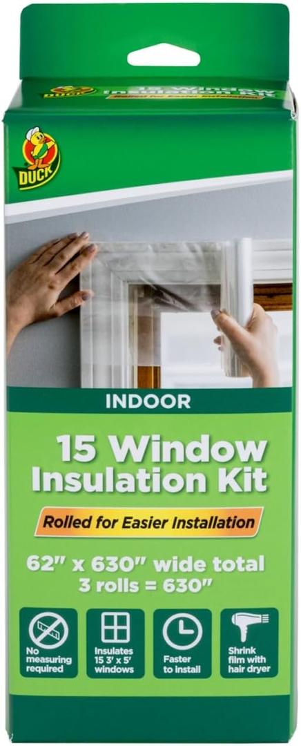 Duck Brand Winter Window Insulation Kit  Window Seal Rolled Shrink Film Covers Up to 15 3 x 5 Windows  Window Tape Included  Easy Indoor Installation - Clear - 15-Pack (288069)