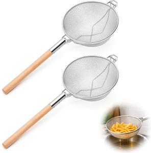 2 Pcs 11-3/4'' Heavy Duty Double Mesh Strainer with Wood Handle