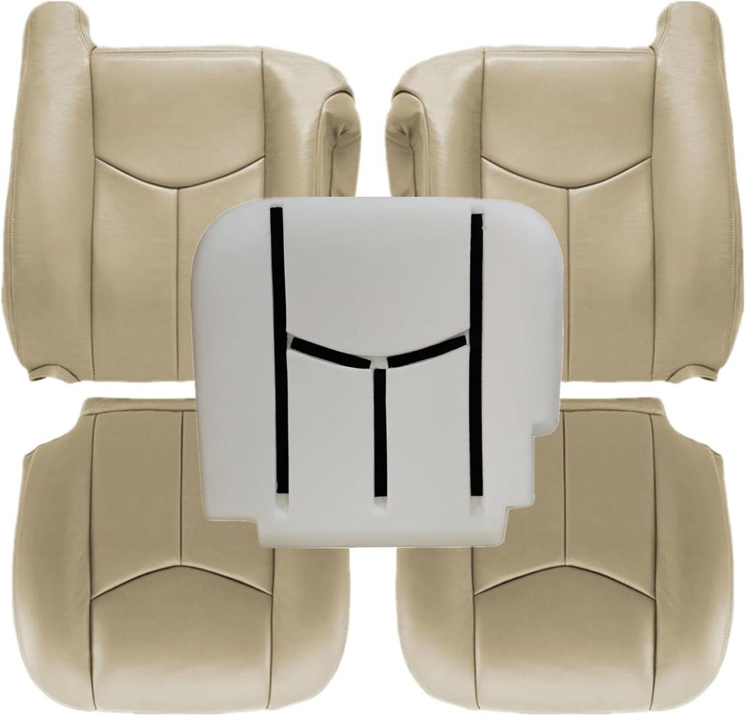 NLQR Tan Driver & Passenger Bottom & Top Lean Back Replacement Leather Seat Covers & Driver Side Foam Cushion fit for Chevy GMC Tahoe Suburban Avalanche Yukon Silverado Sierra 2003 2004 2005 2006