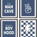 Little Man Cave Retro Preppy Checkered Lightning Peace Sign Long Live Boyhood Poster Prints for Boy Teen Room Dorm Decor,Preppy Decorations Prints Wall Art Unframed 4pcs 8x10inches,Teen Boys Gifts (dark blue)