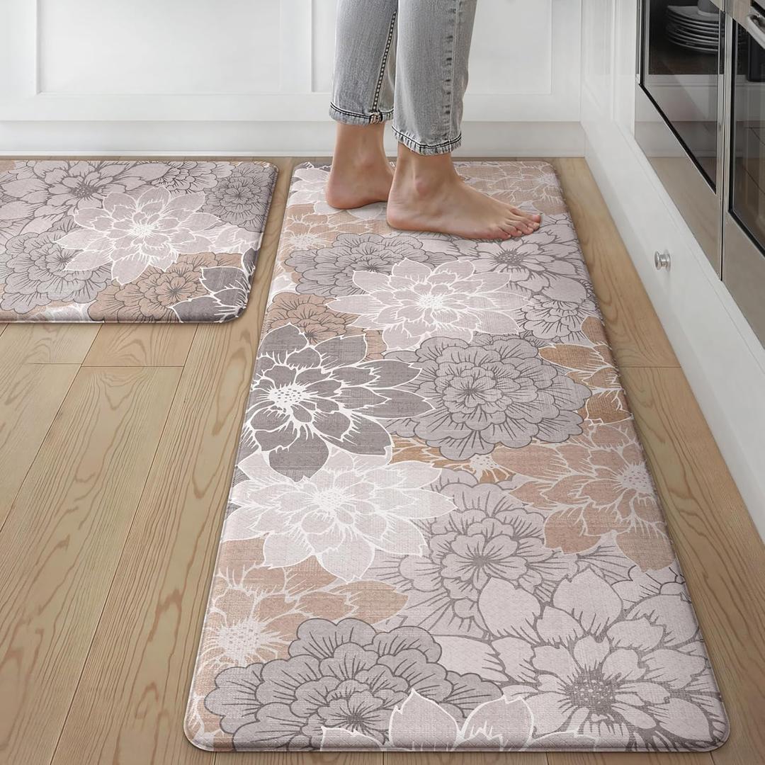 GENIMO Kitchen Mats for Floor, Kitchen Rugs Non Slip Washable Sets of 2, Waterproof Cushioned Anti Fatigue Mat, Floral Runner Rug for Laundry, Sink, Office, Home, 17.3"x47"+17.3"x30", Taupe Grey