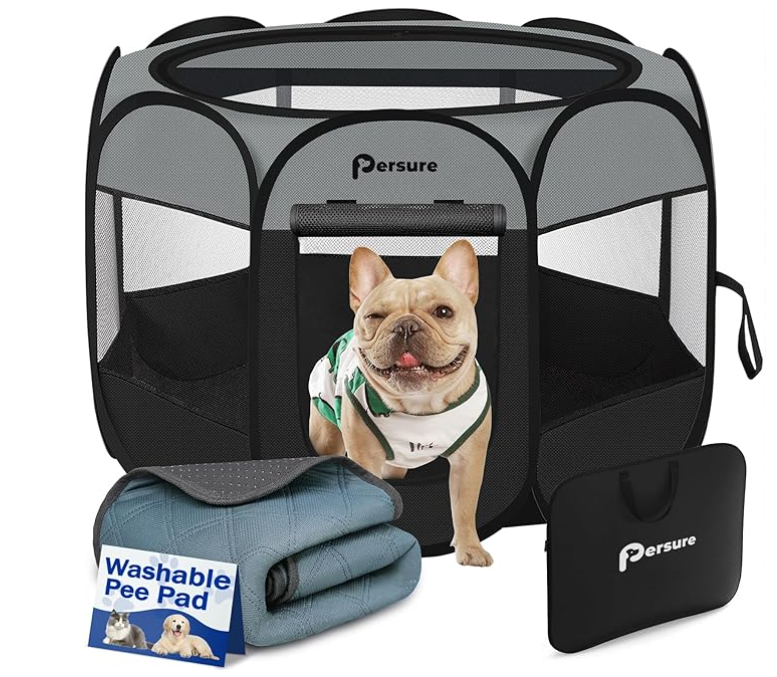 Dog Cat Playpen Indoor Outdoor for Puppy Pet Dogs Cat Travel and Recovery After Surgery, Dog Enclosure Tent Crates Cage, Portable Pop Up Dogs Kennel with Carrying Case(Grey, Small with Pad)