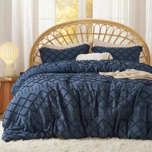Bedsure Queen Comforter Set - Navy Blue Comforter, Boho Tufted Distressed Vintage Bedding for Kids, 3 Pieces Farmhouse-Style Bed Set for All Seasons, Fluffy Soft Bedding with 2 Pillow Shams