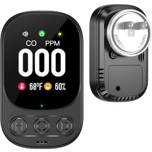 Carbon Monoxide Detector Plug in Wall, 3-in-1 CO Level Monitor Alarm with Temp/Humidity Sensor, Portable Carbon Monoxide Detectors Easy to Read & Install, for Home/Hotel/RV (Black-1Pack)