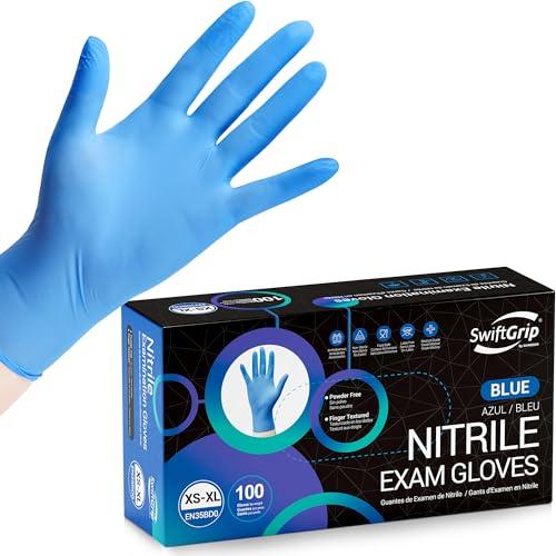 SwiftGrip Disposable Nitrile Exam Gloves, Blue, Nitrile Gloves Disposable Latex Free, Medical Gloves, Cleaning Gloves, Food-Safe Rubber Gloves, Powder Free, Non-Sterile, 100-ct Box (Medium)