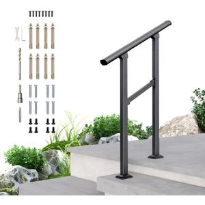 DIYHD 2 Step Handrail, Black Iron Stair Railing, Outdoor Indoor, 1 Pack