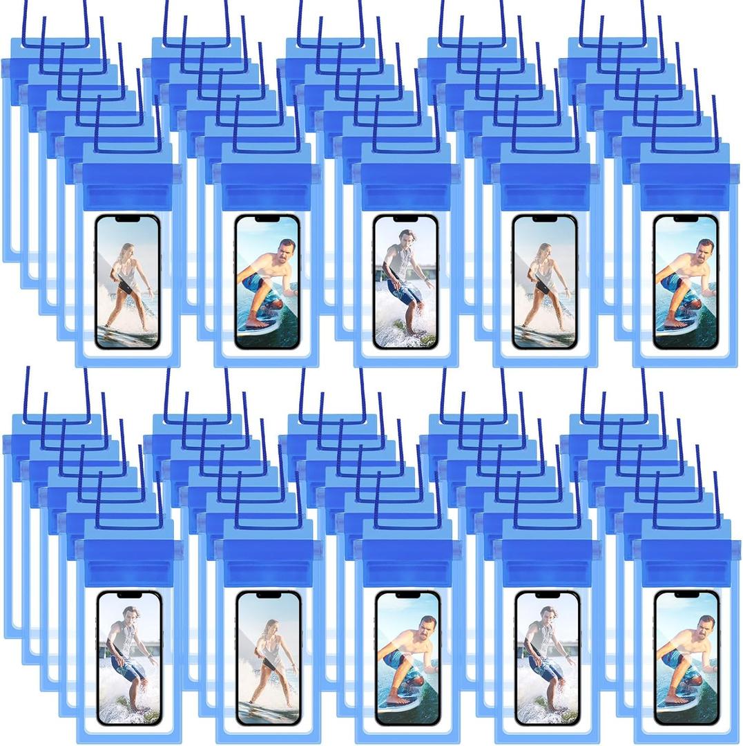 Flutesan 50 Pack Clear Waterproof Phone Pouch Universal Waterproof Phone Case Waterproof Pouch Dry Bag with Lanyard for Water Games Protect(Dark Blue)