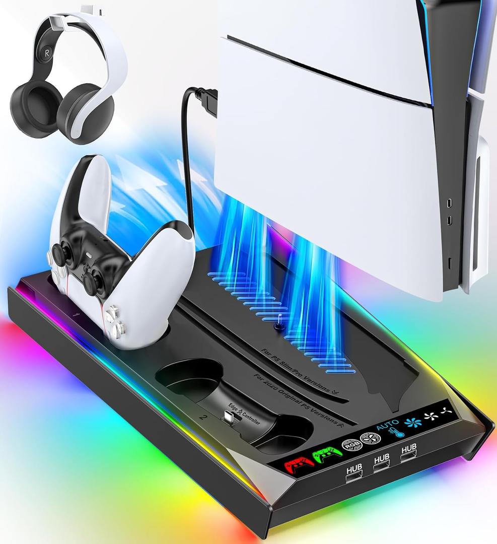 Rysker PS5/Slim/Pro Stand, PS5 Cooling Station Built-in 3-Level Cooling Fan & Fast Charger for Disc & Digital, PS 5 Accessories with Safety Screw and Headset Holder (Deep Black)