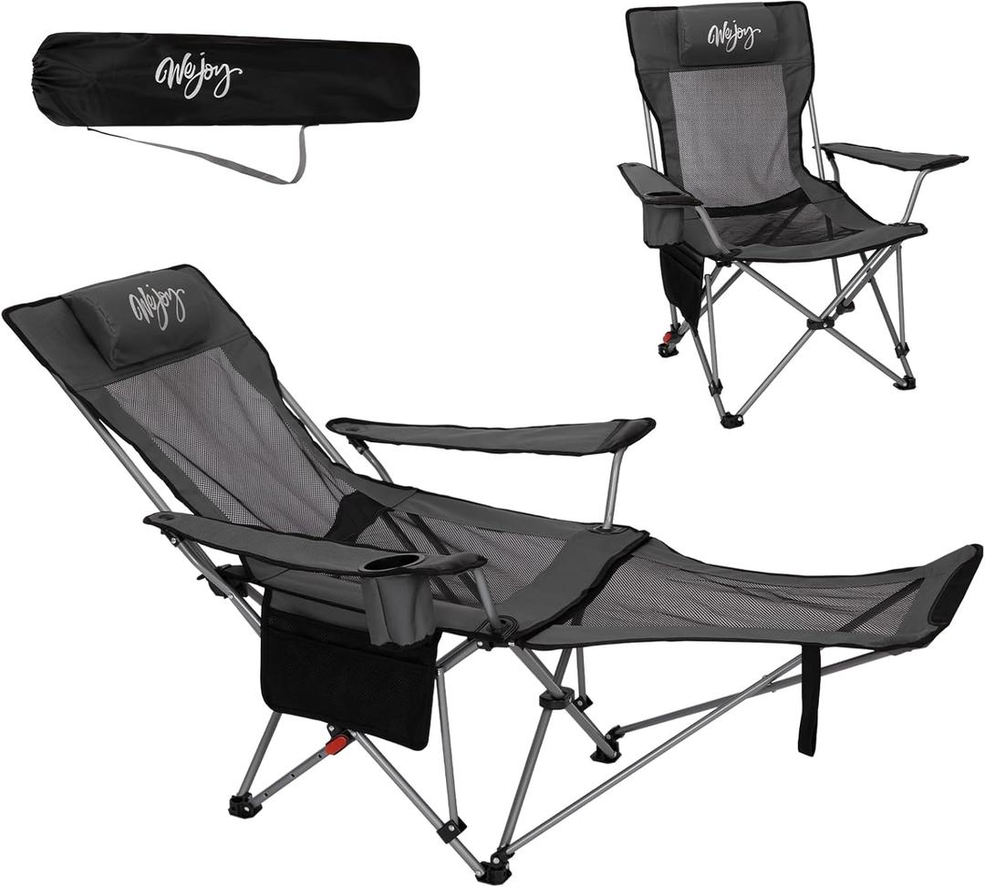#WEJOY 2-in-1 Reclining Camping Chair with Footrest for Adults Folding Lounge Chair with Adjustable Backrest Lightweight Camping Chairs Heavy Duty Camp Chairs for Outdoor (Grey Black)