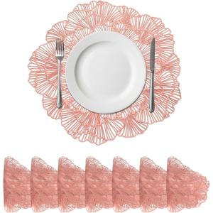 uxcell Pink Flower Round Placemats Set of 8 for Dinner Tables, Metallic Polyvinyl Pressed Placemats Washable Table Mats for Dinner Table Decor (15" x 15"/38 x 38cm)