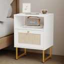 JOONEE Rattan Nightstand,Farmhouse Bedside Table with Storage Drawer and Open Shelf,Modern Boho Small Gold Frame Side End Table for Bedroom,Living Room,Office(White)