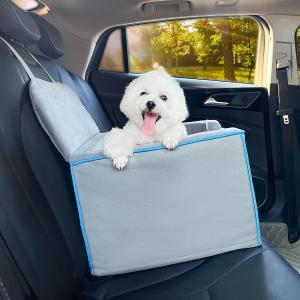 Petprsco Dog Car Seat for Small Dogs, Memory Foam Pet Bed for Road Trip, Detachable Washable Elevated Puppy Car Seat with Storage, Anti-Slip and Pet Safety Belt