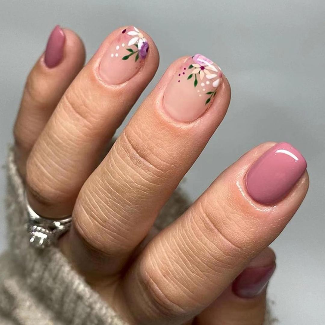 Spring Press on Nails Short Square Fake Nails with Floral Designs Acrylic Nails Press ons Glossy Glue on Nails Summer Purple Full Cover Stick on Nails for Women 24Pcs