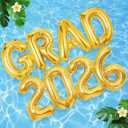 8 Pcs Grad Balloons Graduation Party Decorations - 32 Inch Large Grad 2026 Inflatable Pool Float Letters Balloons, Gold Aluminum Foil Congrats Grad Balloon for Graduation Celebration Beach Party Decor