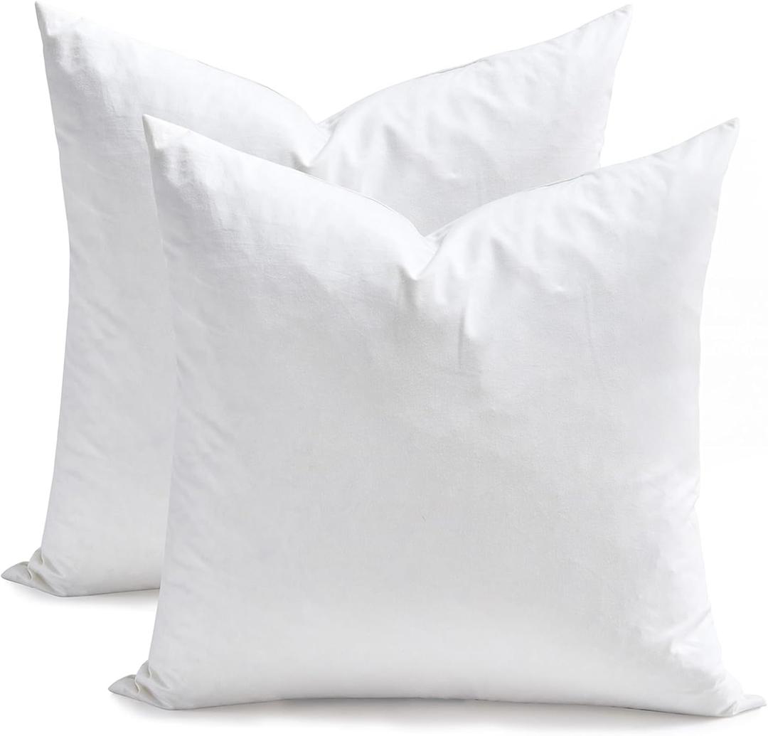 TOPGREEN Feathers Down Pillow Inserts 14x14, Set of 2, 100% Organic Cotton Shell, Soft Decorative Square Throw Pillows for Living Room Sofa, Couch, or Bed (White)