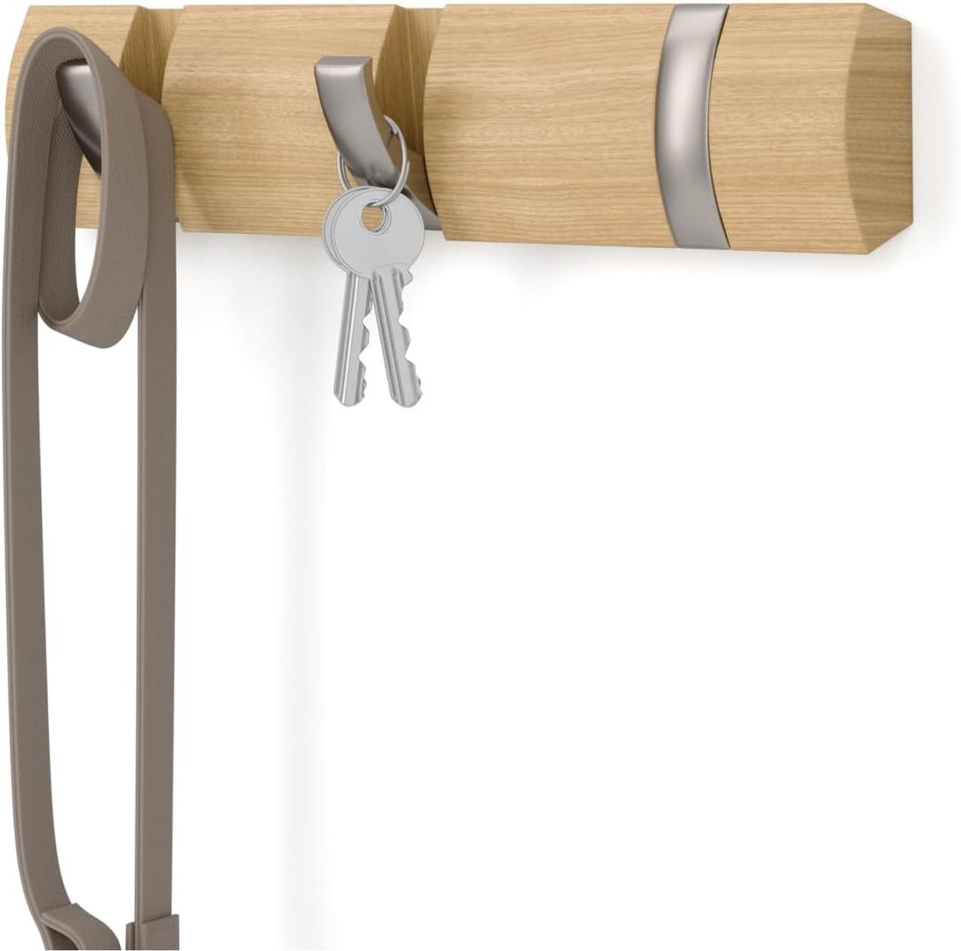 Umbra Flip Wall-Mounted Coat Rack with 3 Hooks  Modern, Space-Saving Storage for Hats, Jackets, Bags, Entryway, Mudroom, Closet, Bathroom, Bedroom  Natural/Nickel