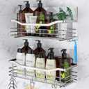 Orimade Shower Caddy Basket Shelf with 5 Hooks Adhesive Organizer Storage Rack Rustproof Wall Mounted Stainless Steel No Drilling for Bathroom, Toilet, Kitchen - 2 Pack (Silver)