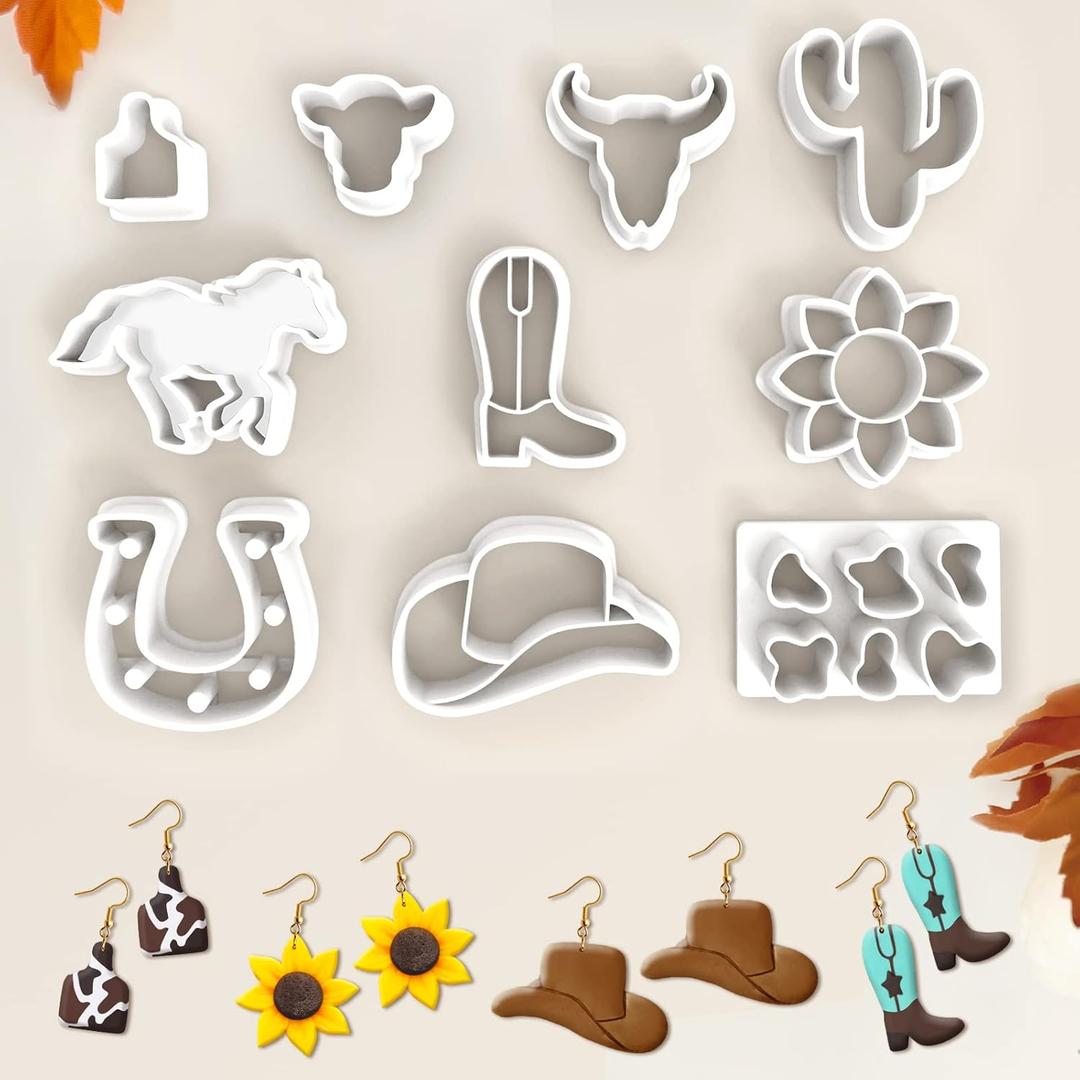 Tuitessine Clay Cutters Kit 10PCS Polymer Earring Making Tools Western Cow Bull Skull Cactus Sunflower Embossing Shape Cutting Cowgirl Hat Cowboy Boots Jewelry Modeling DIY Supplies (Western)
