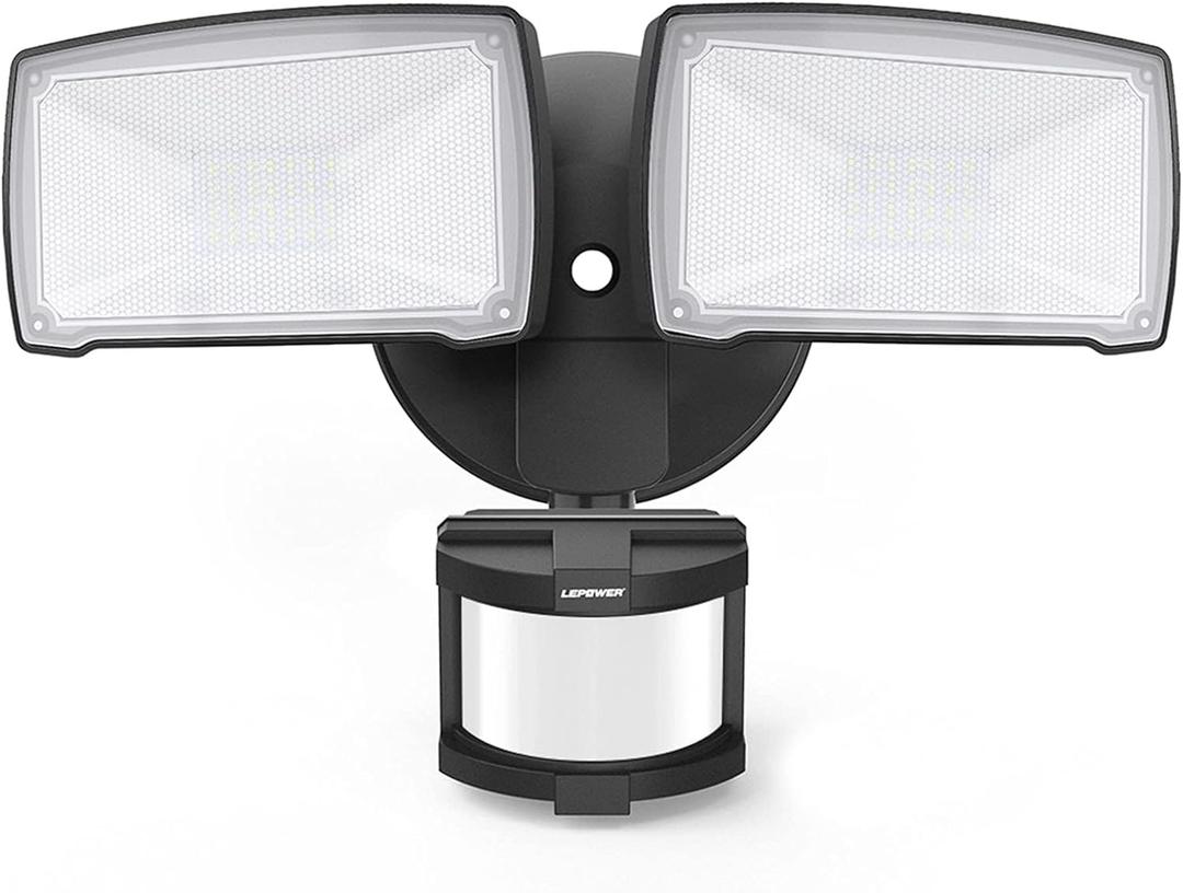 LEPOWER LED Security Lights Motion Sensor Light Outdoor, 30W 3200LM Motion Security Light, 5500K, IP65 Waterproof, 2 Head Motion Detector Flood Light for Garage, Yard, Porch, Black (Not Solar Powered)