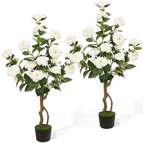 Artificial Camellia Tree 2 Pack, 42'' Faux Camellia Plant in Pot with 24 Blooming Flowers, Fake Greenery Potted Plant for Indoor Outdoor Home Floor Office Porch Decor (White)