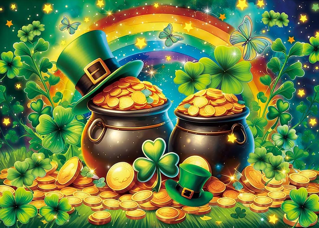 INRUI Happy St. Patricks Day Photography Backdrop Lucky Irish Rainbow Golden Coins Green Shamrock St Patricks Day Party Decorations Banner (10x8FT)