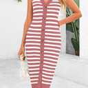 BTFBM Casual Women Spring Dresses 2025 Sleeveless Striped Midi Button Down Dress Ribbed Knit Cardigan Cover Up Dress (Pink, M)