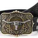 Cowboy Cowgirl Belt Western Belts for Men Women Floral Engraved Longhorn Bull Buckle Belt for Jeans (Black)