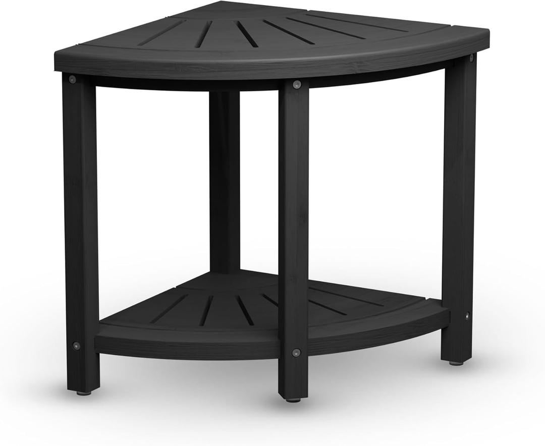 Bamboo Corner Shower Stool for Shaving Legs Foot Rest, Waterproof Bathroom Corner Bench for Inside Shower, Small Bath Shower Seat Chair with Storage Shelf & Adjustable Feet, Black (Large 15x15x17 Inch)