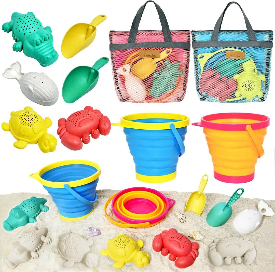 Collapsible Beach Toy for Kids Toddlers, 2 Collapsible Sand Buckets Shovels Set with Mesh Bags and Sand Molds, Foldable Travel Sand Toys for Beach, Sandbox Toys for Kids Age 3-10