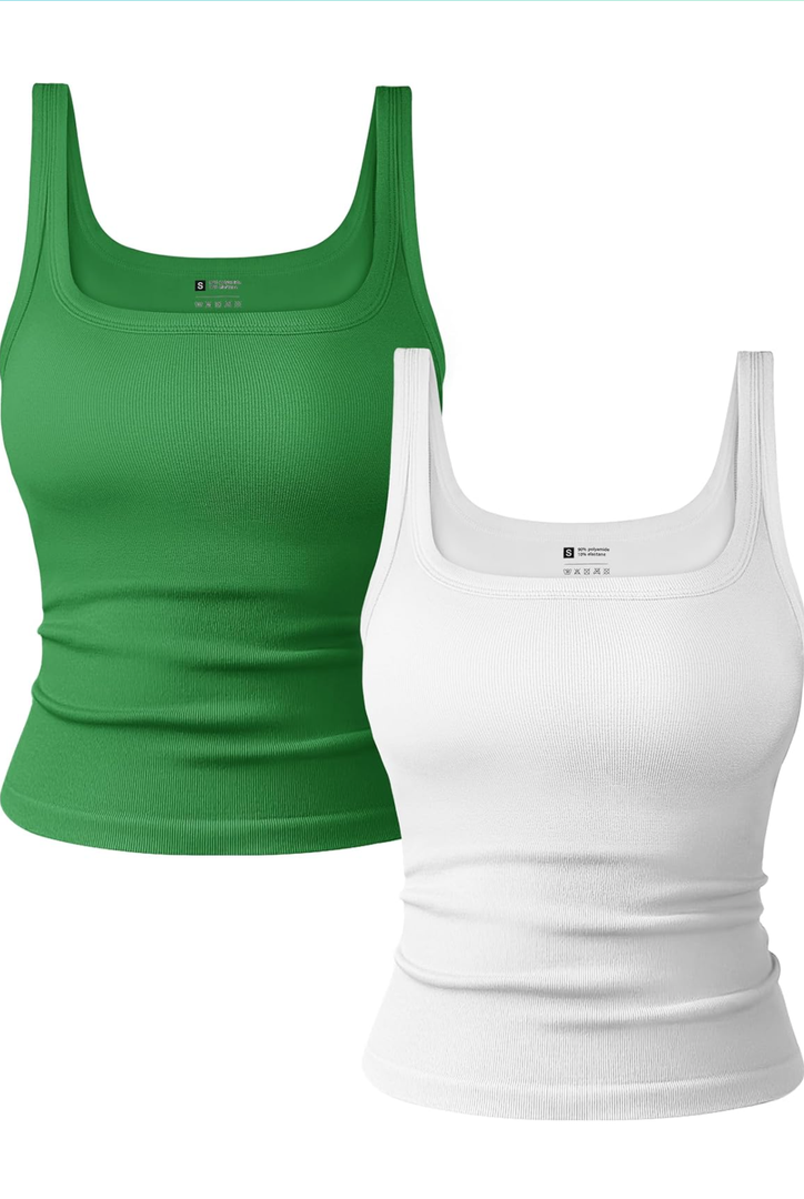 OLCHEE Womens 2PK Square Neck Tank Tops Seamless Ribbed Trendy Going Out Basic Shirts 2025 Summer Slim Fit Cami, Size M