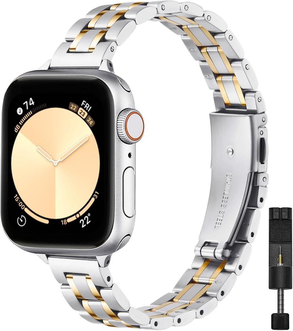 STIROLL Thin Replacement Band Compatible for Apple Watch 49mm 46mm 45mm 44mm 42mm(Series 3 2 1), Stainless Steel Metal Wristband Women Men for iWatch Ultra SE Series 10 9 8 7 6 5 4, Silver Gold