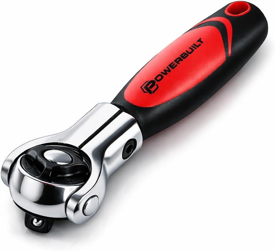 Powerbuilt 3/8 Inch Drive Swivel Head Stubby Ratchet, Swivel Head and Solid Grip, Small Size Ratchet for Tight Spaces, 72 Tooth - Red 940482