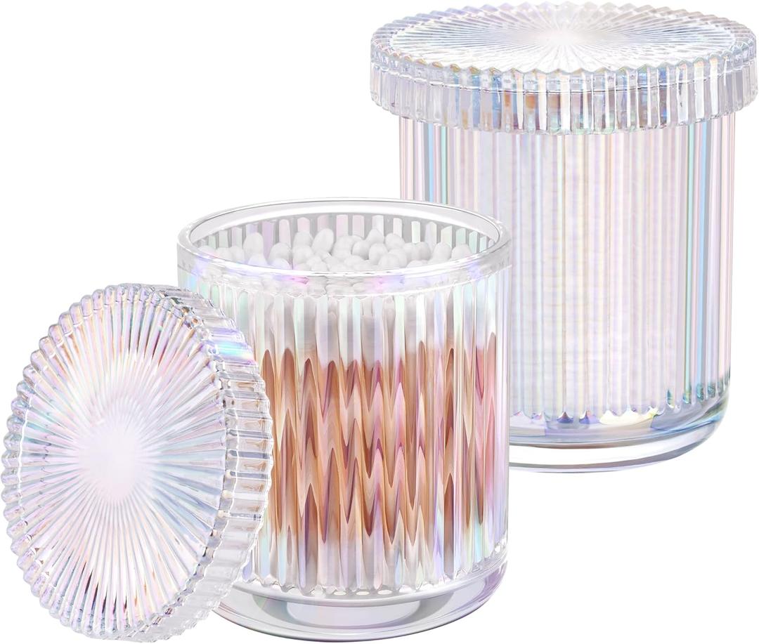 2 Pack Qtip Holder - Apothecary Jars with Lids, Bathroom Organizers and Storage Canister for Cotton Balls, Swabs, Floss Picks, Hair Ties, Clear Glass Vintage Bathroom Decor Jar Set (Iridescent)