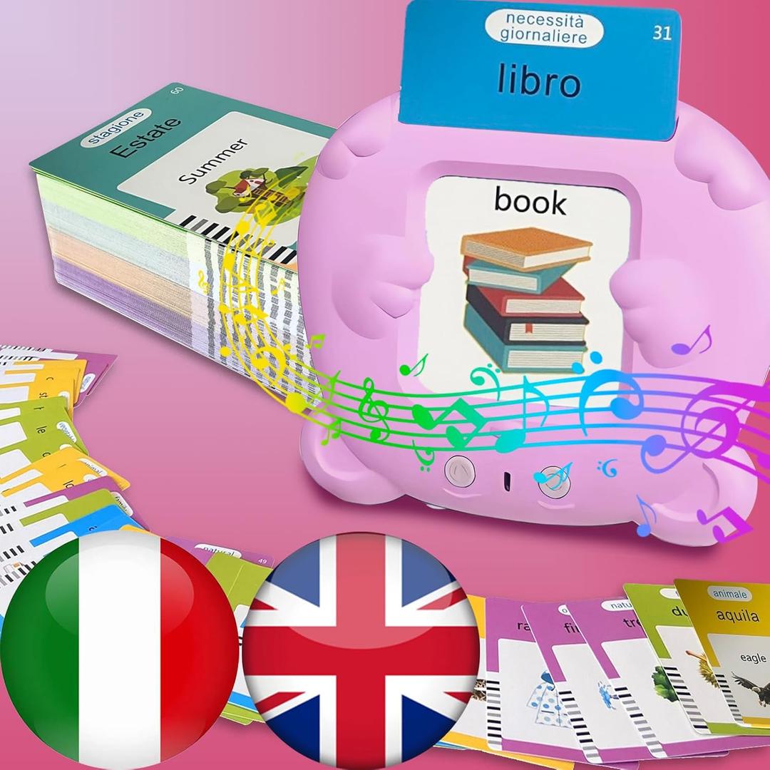 Bilingual English Italian Flash Cards - Talking Flash Cards for Kids, Pocket Speech for Toddlers 3-12, Educational Learning Audible Gift Play Cards Italian, Autism Sensory Toys (Pink)