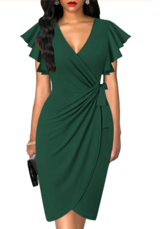 oten Womens Deep V Neck Ruffle Sleeve Sheath Casual Cocktail Party Work Faux Wrap Dress, M 