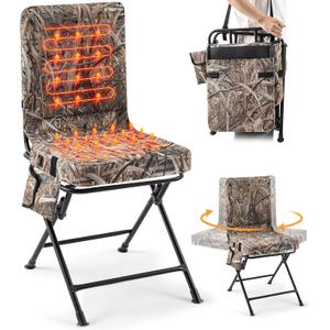 Heated Hunting Blind Chair, 360 Swivel Foldable Padded Hunting Seat, Portable Duck Turkey Deer Chair with Strap for Outdoor Camping Fishing, Supports 330 lbs, Power Bank Not Included