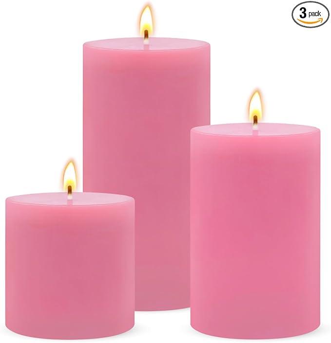 Pink Unscented Pillar Candles 3Pack – Dripless & Smokeless, LongBurning Thick Candles (2",3",4" Heights) for Weddings, Home Decor & Serene Ambiance