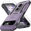 DEERLAMN Case for Google Pixel 9A with Slide Camera Cover+Screen Protector (1 Pack), Rotated Ring Kickstand Military Grade Shockproof Protective Cover-Deep Purple