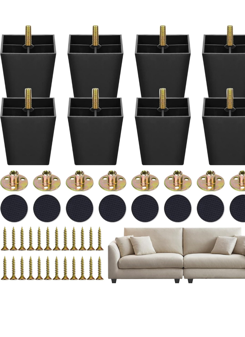 8 Pack 3 Inch Furniture Replacement Legs,Square Tapered Feet Sofa Legs with T-Nuts Screws for Legs Sofas,Chairs,Cabinets,Dressers,Beds,Black (8, 3 inch)