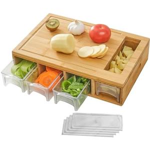 NOVAYEAH Bamboo Cutting Board with 4 Containers, Large Chopping Board with Juice Grooves, Easy-grip Handles & Food Sliding Opening, Carving Board with Trays for Food Storage, Transport and Cleanup