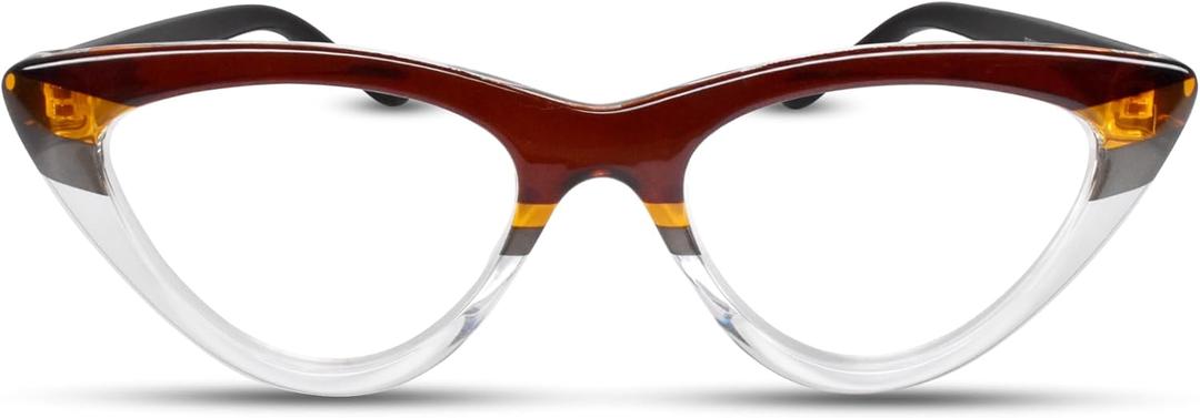 2SeeLife Premium Cat Eye Reading Glasses for Women NarrowMedium Fit, Sturdy Frame, Spring Hinges, Stylish Funky Readers, Brown Stripes, +2.00