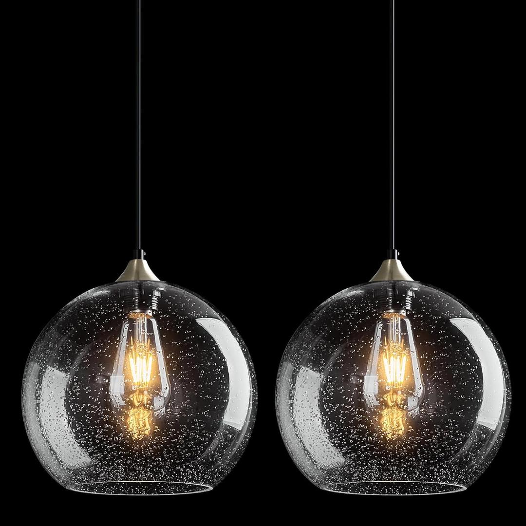 Clear Glass Pendant Lights Kitchen Island Lighting Globe Pendant Light Fixtures Modern Pendant Lighting for Kitchen Island Bedroom Living Dining Room Light Fixture(9.84in, 2-Pack)