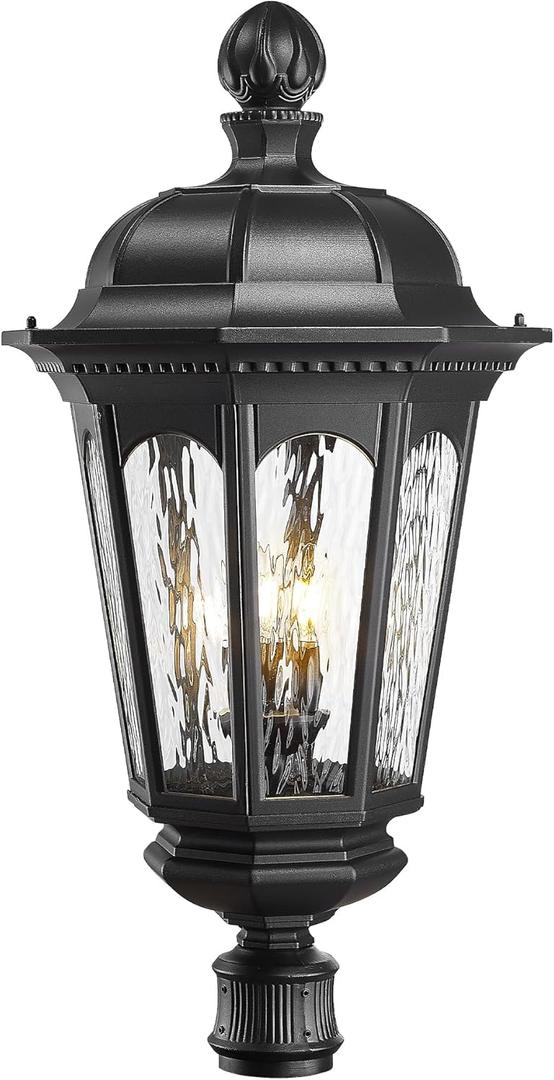 Emliviar Exterior 3-Light E12 Base Post Lamp Outdoor Light Fixture for Walkway, 30.8" Vintage Lamp Post Outdoor Lighting, Matte Black with Water Ripple Glass Shade, XE304P BK-SW