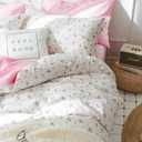 7 Pcs Queen Size Comforter Set with Sheets, Pink White Floral Pattern Printed Preppy Decor Reversible Bed Sets - 90 x 90 Soft Microfiber Flower Duvet Cottage Vintage Bedding in a Bag for Women Men