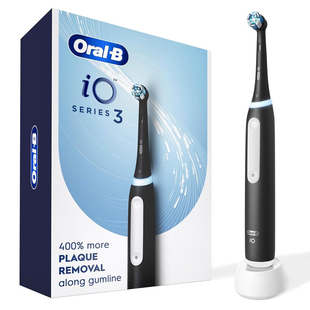 Oral-B iO Series 3 Limited Deep Clean Rechargeable Electric Toothbrush for Adults, Black, 3 Modes, Smart Pressure Sensor, Plaque Removal and Gum Care, 2 Replacement Brush Heads, Travel Case